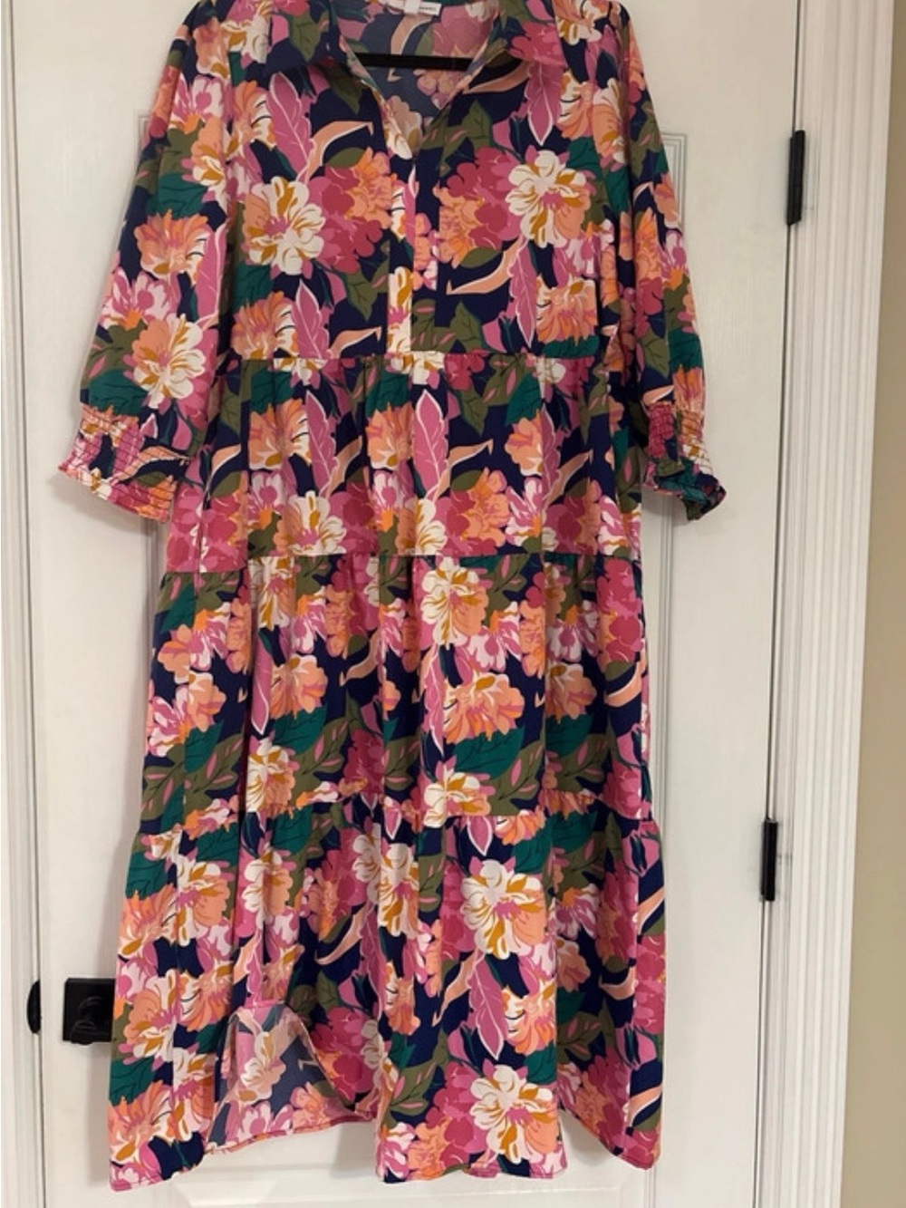 Floral Tiered Midi Dress in Navy, Pink & Green